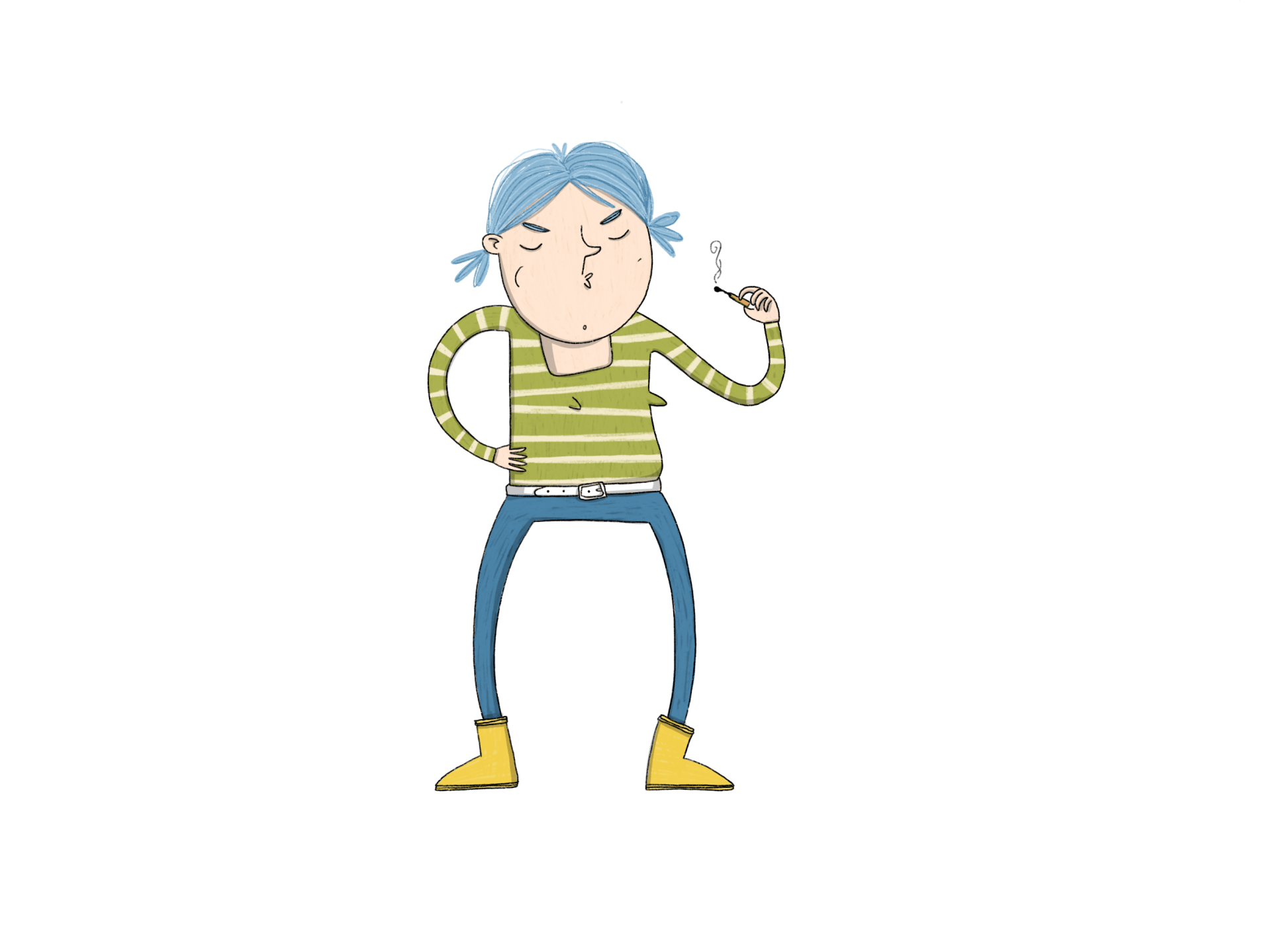Cartoon-Mädchen mit blauen Zöpfen, grün gestreiftem Hemd, verschränkten Armen und einer Pfeife in der Hand.