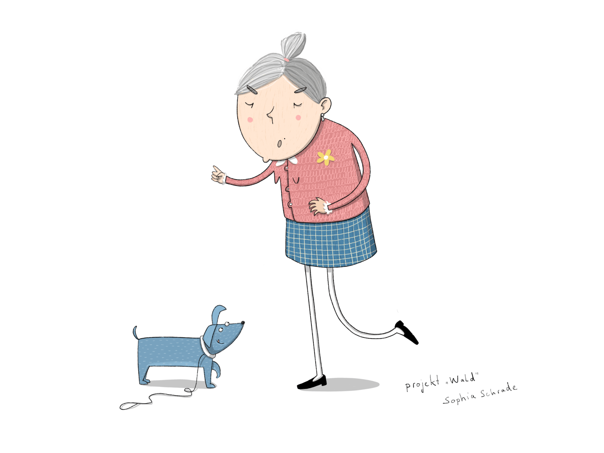 Ältere Frau in rosa Pullover und blauem Rock interagiert mit kleinem blauen Hund an der Leine.
