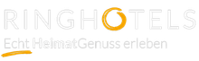 RING HOTELS-Logo mit einem orangefarbenen Kreis. Darunter befindet sich grauer Text und eine gelbe Linie.