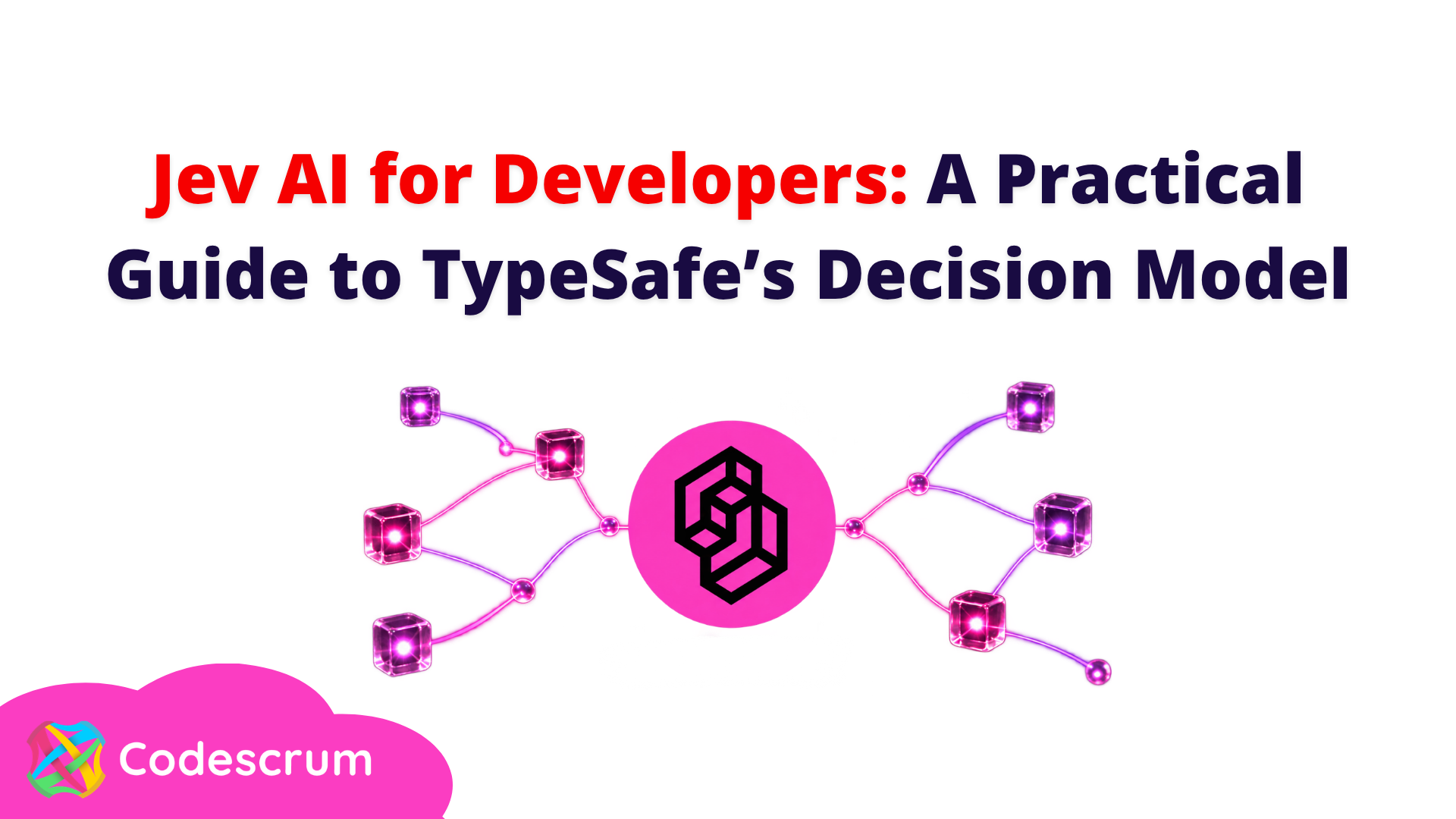 Jev AI logo with pink and purple connections, illustrating TypeSafe’s decision model in a Codescrum