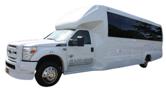 A white shuttle bus is parked on a white background.