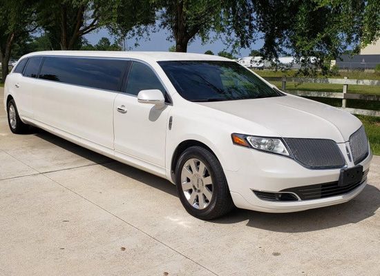 A white limousine is parked on the side of the road.