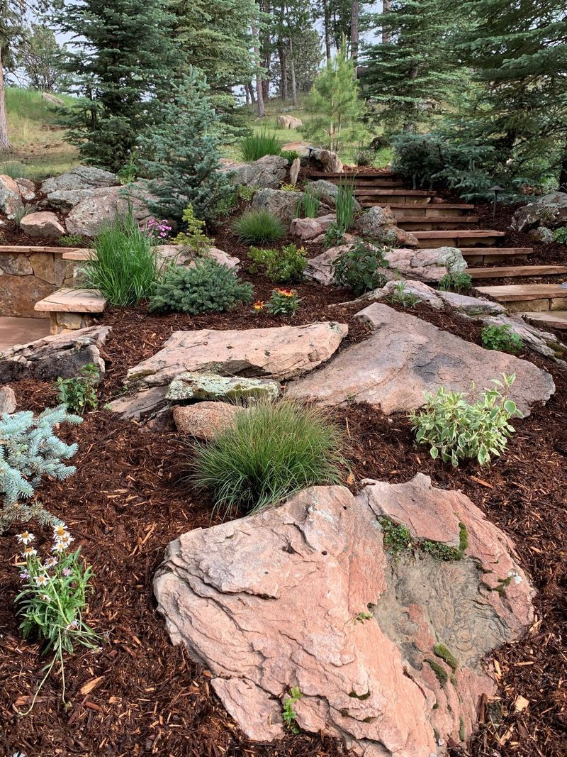 Rocky hillside garden with trees, shrubs, and woodchip mulch. Stone steps lead uphill.