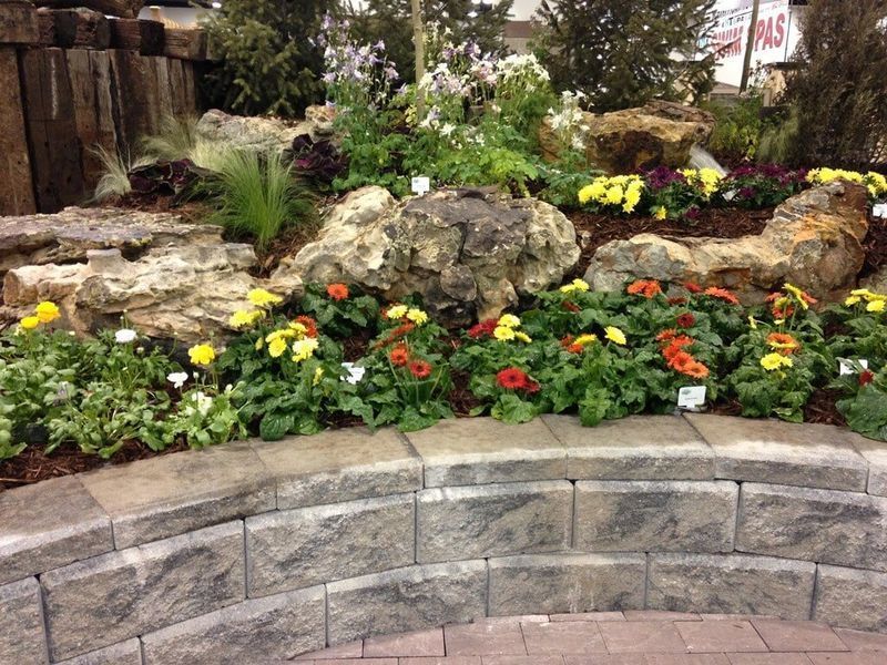 Flower bed with stone retaining wall, rocks, and vibrant yellow and orange flowers.