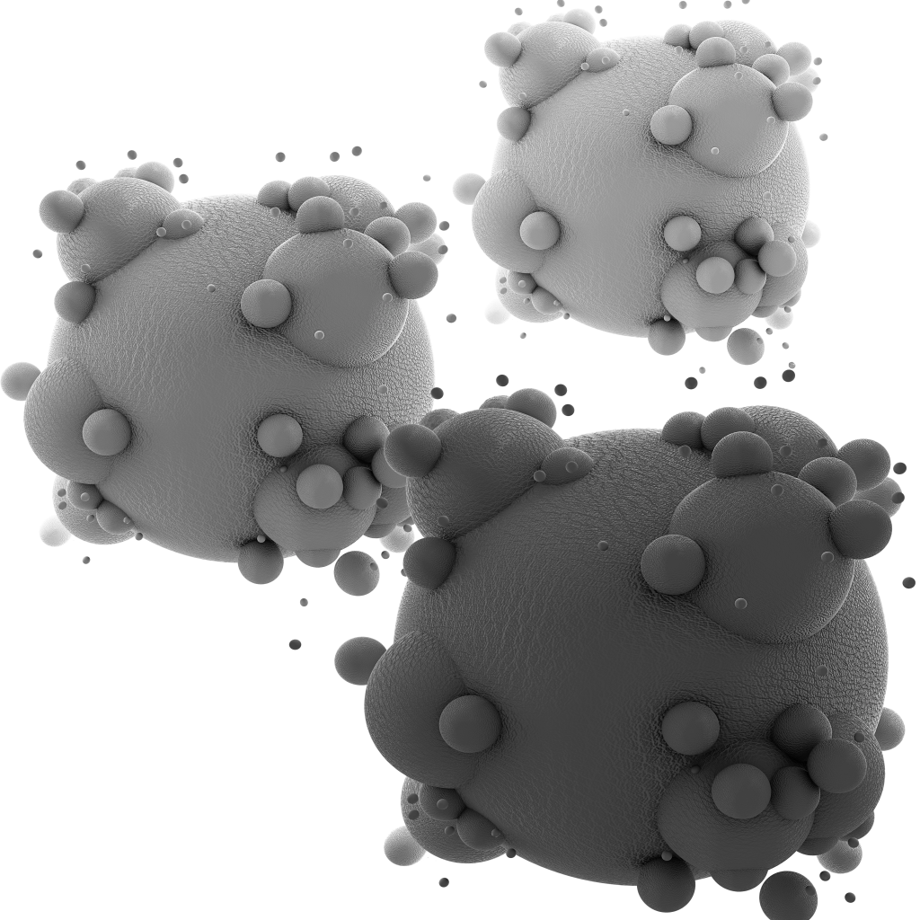 Three spheres with dots on them are floating in the air