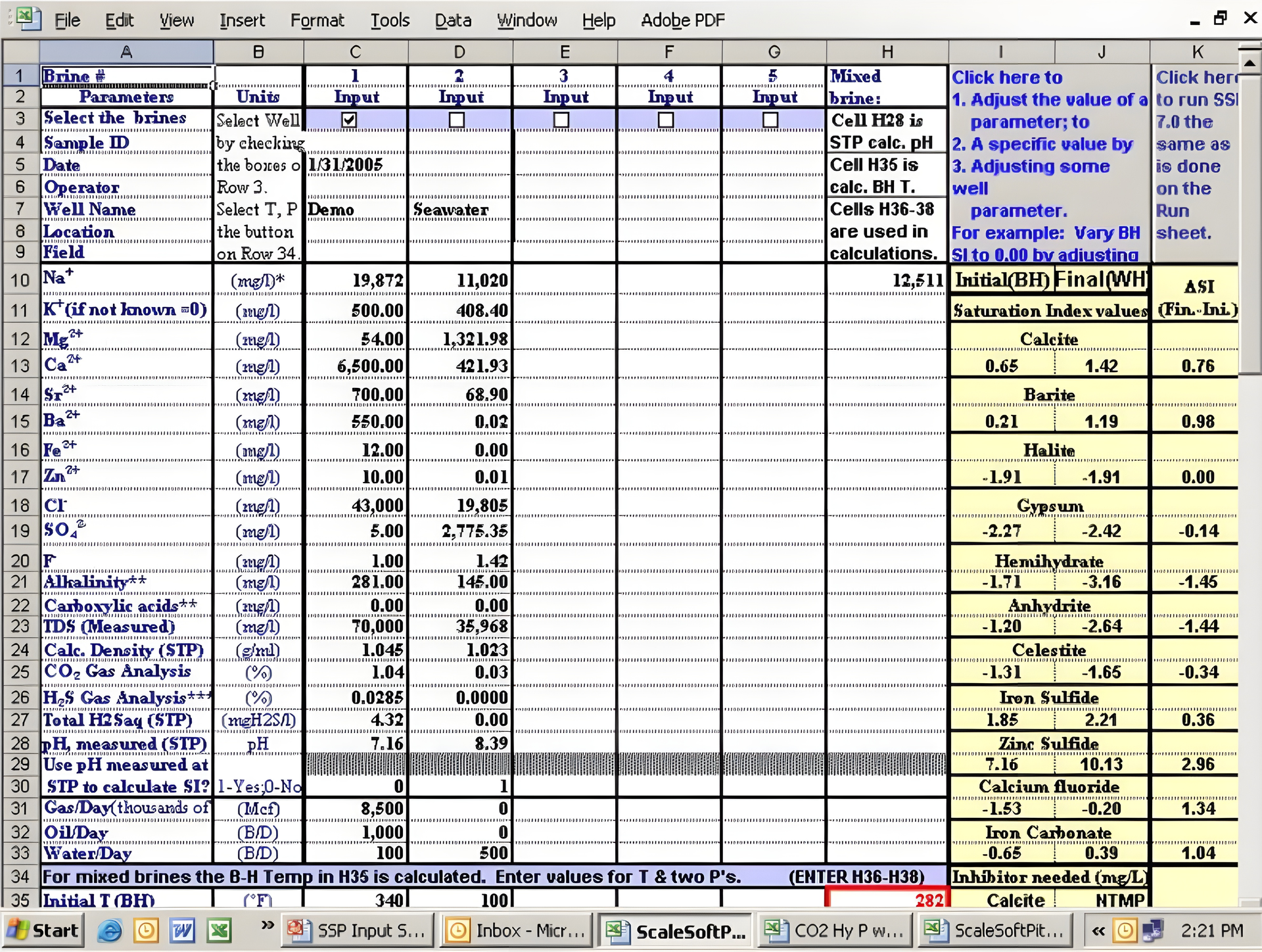 Scale deposition tendency analysis with Scalesoft Pitzer to identify the mineralogical composition of the scale sample.