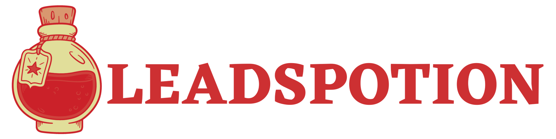 Logo LEADSPOTION avec une icône de flacon de potion rouge et un texte rouge gras sur fond blanc
