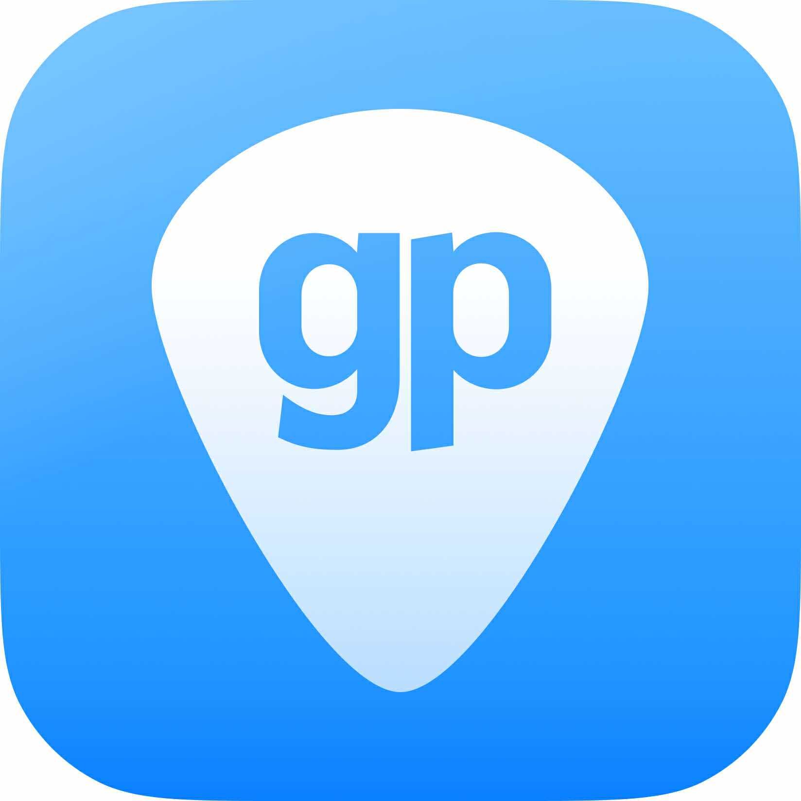 Icône d'application bleue avec une épingle de localisation blanche contenant le texte « gp ».