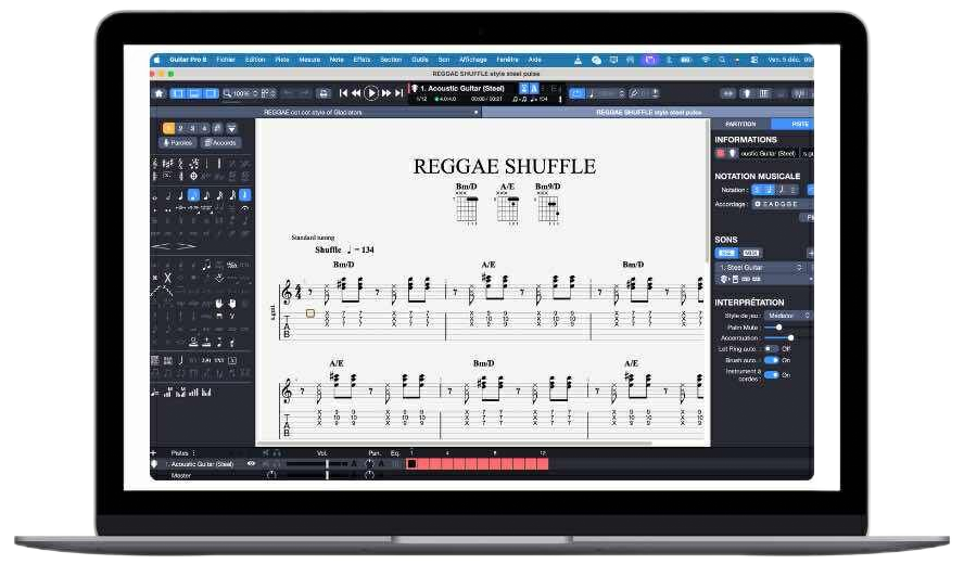 L'écran de l'ordinateur portable affiche une partition musicale intitulée « Reggae Shuffle » dans un logiciel de montage musical.