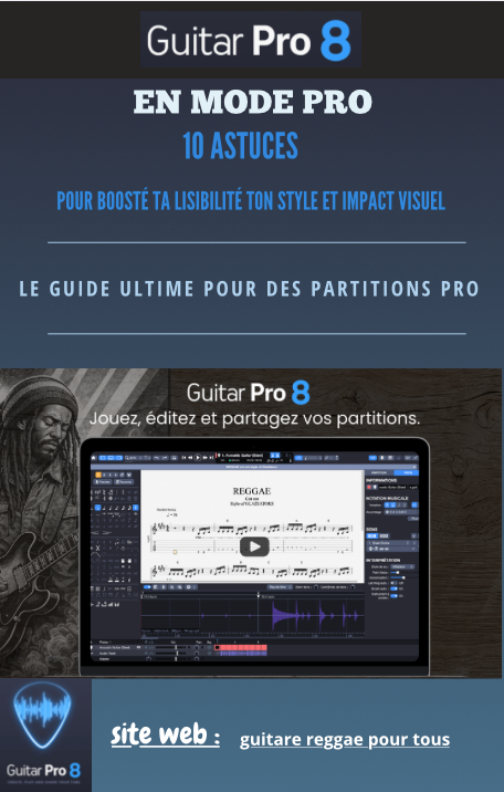 Promotion Guitar Pro 8 : guide tutoriel pour partitions professionnelles, design bleu et blanc, texte sur image du logiciel et d’un musicien de reggae.