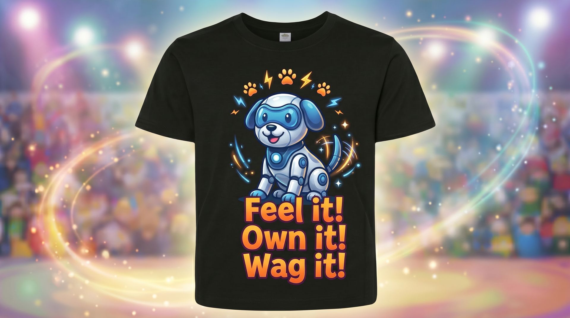 Tyson robot dog Feel it Own it Wag it black t-shirt — Endless Wonder Studios character tee collection