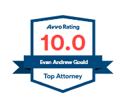 Avvo rating badge with 10.0, Evan Andrew Gould, labeled Top Attorney in blue and red.