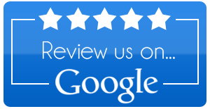 Blue “Review us on Google” sign with five white stars above the text.