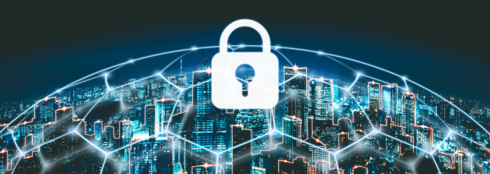 Padlock icon over a cityscape with a network overlay, symbolizing data security.