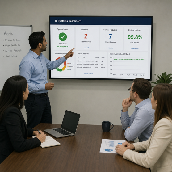 Team meeting in a conference room, with a presenter pointing to a dashboard on a wall-mounted screen.