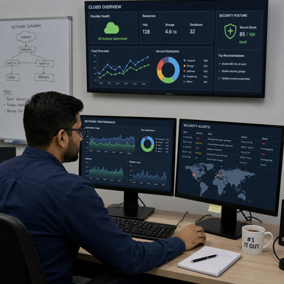 Person monitoring multiple analytics dashboards in a modern office workspace