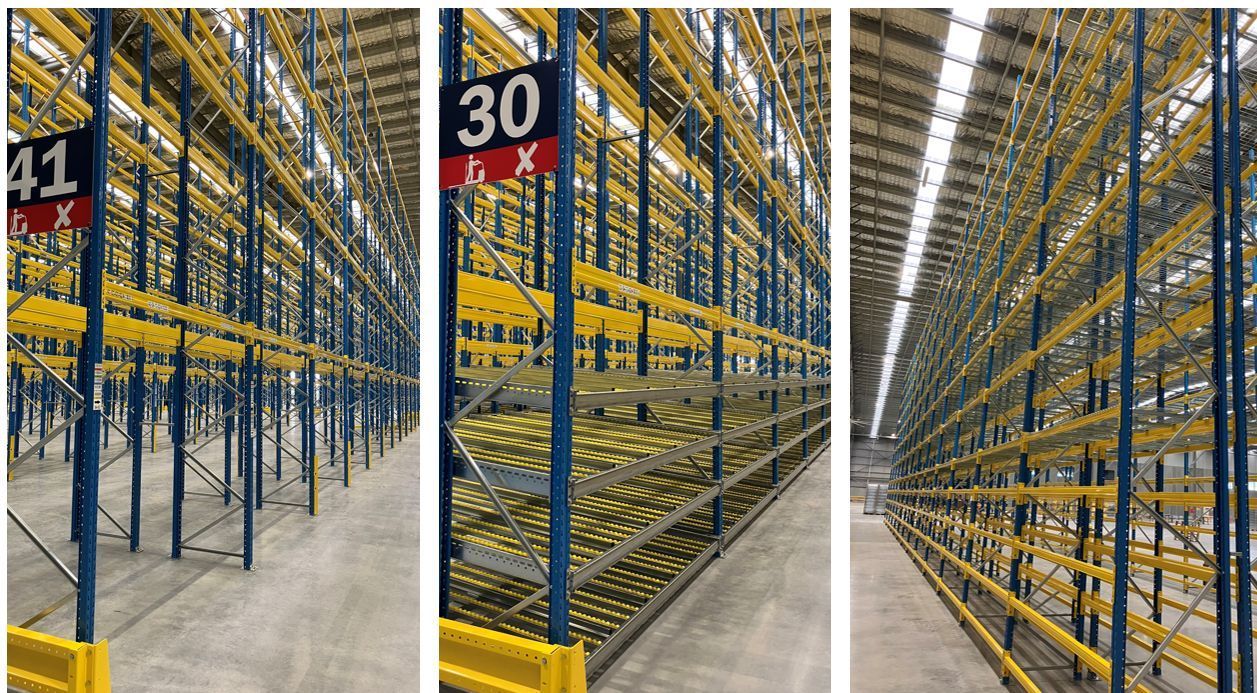 A warehouse filled with lots of shelves and signs.
