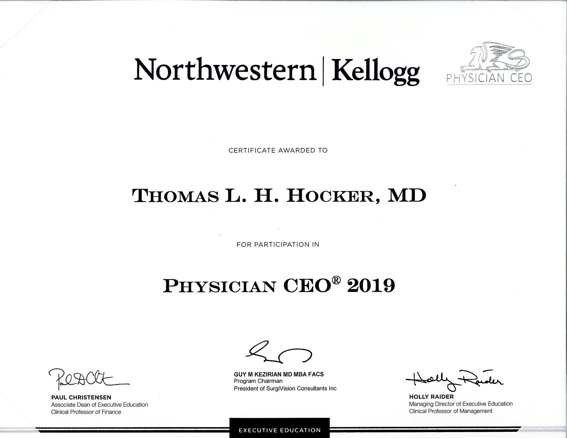 Northwestern Kellogg certificate for Thomas L. Hocker, MD, Physician CEO 2019