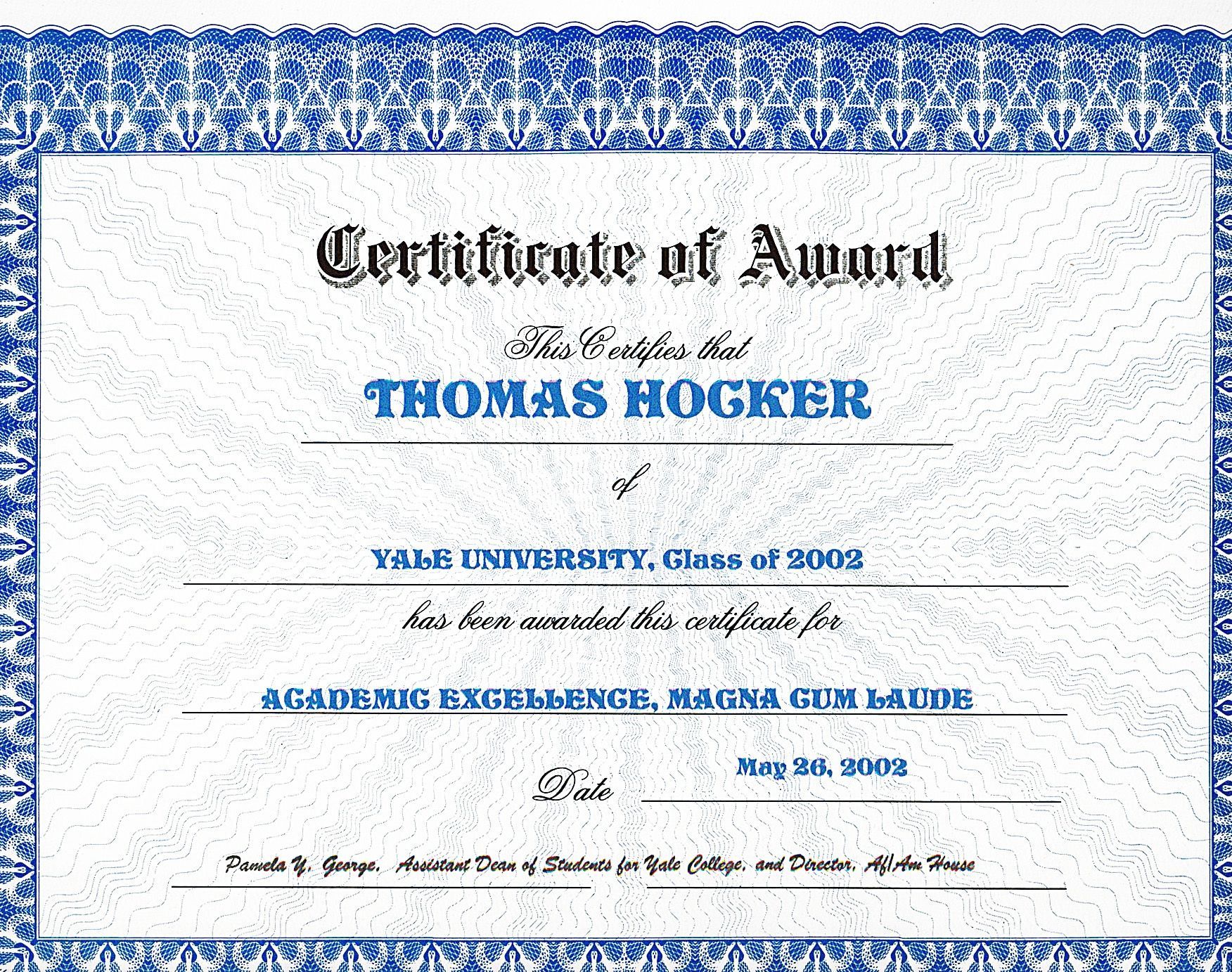 Blue-bordered certificate of award with ornate text, honoring Thomas Hocker, MD at Vienna University