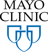 Mayo Clinic logo with black text and blue shield emblem