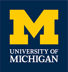 University of Michigan logo with a maize block M on a navy background