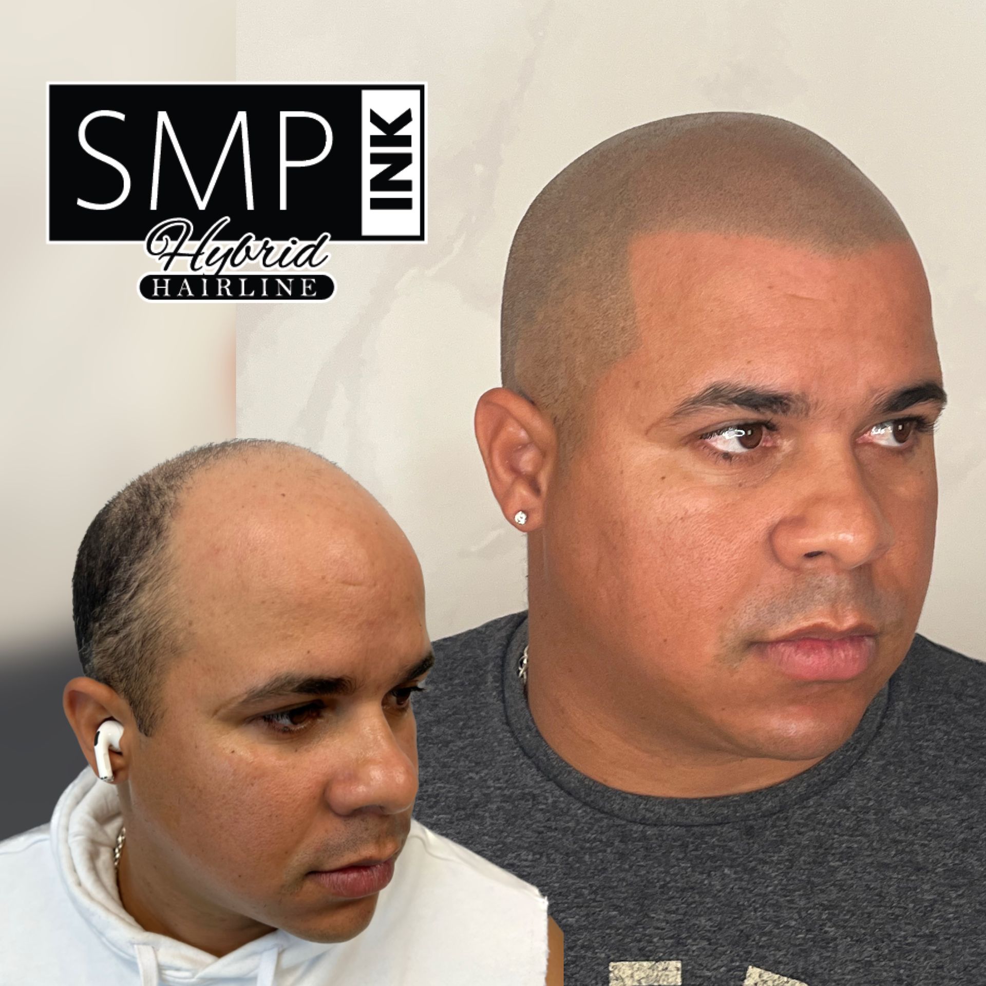 Side-by-side portrait of a man with a shaved head and silver earrings, wearing a dark shirt and white top.