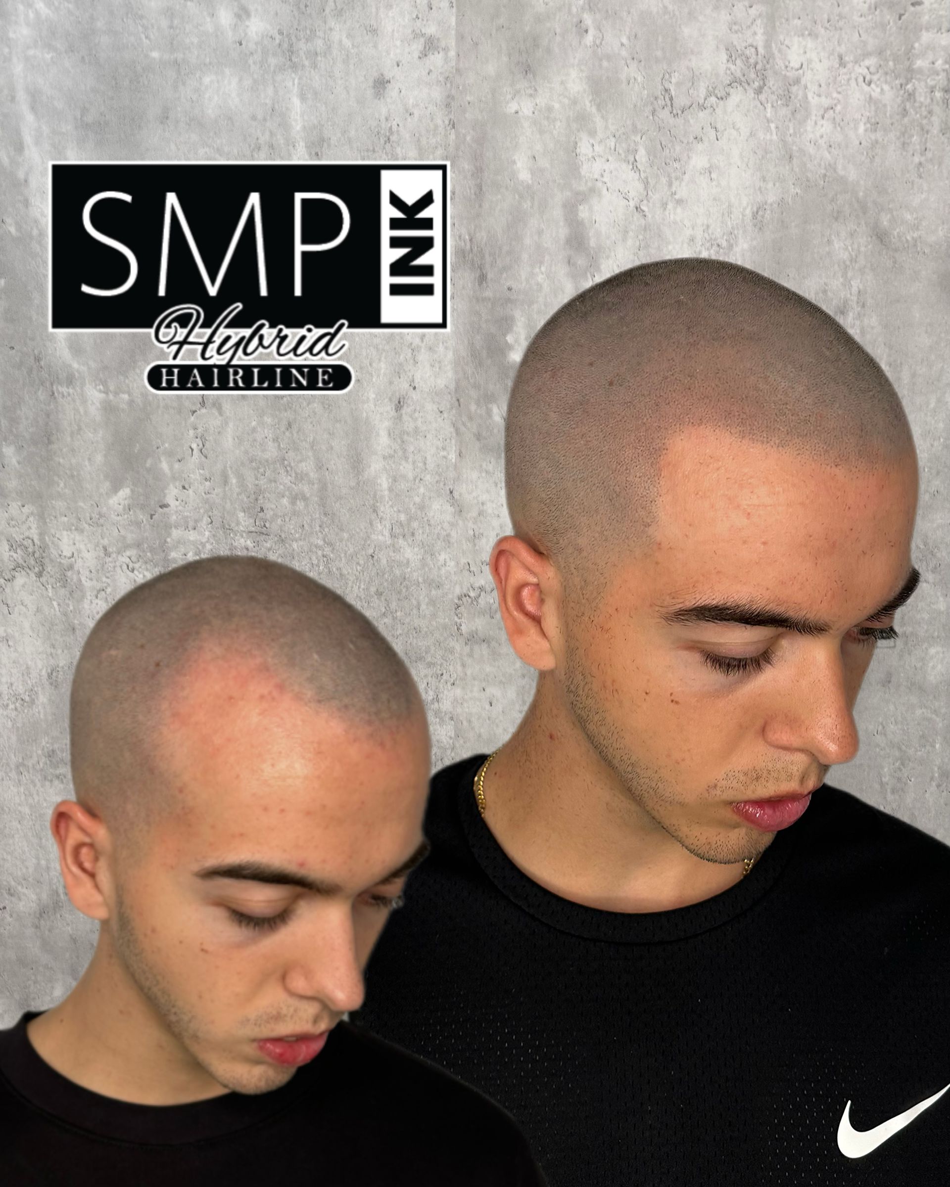 Two bald men in black shirts posing against a gray backdrop with an SMP ink logo.