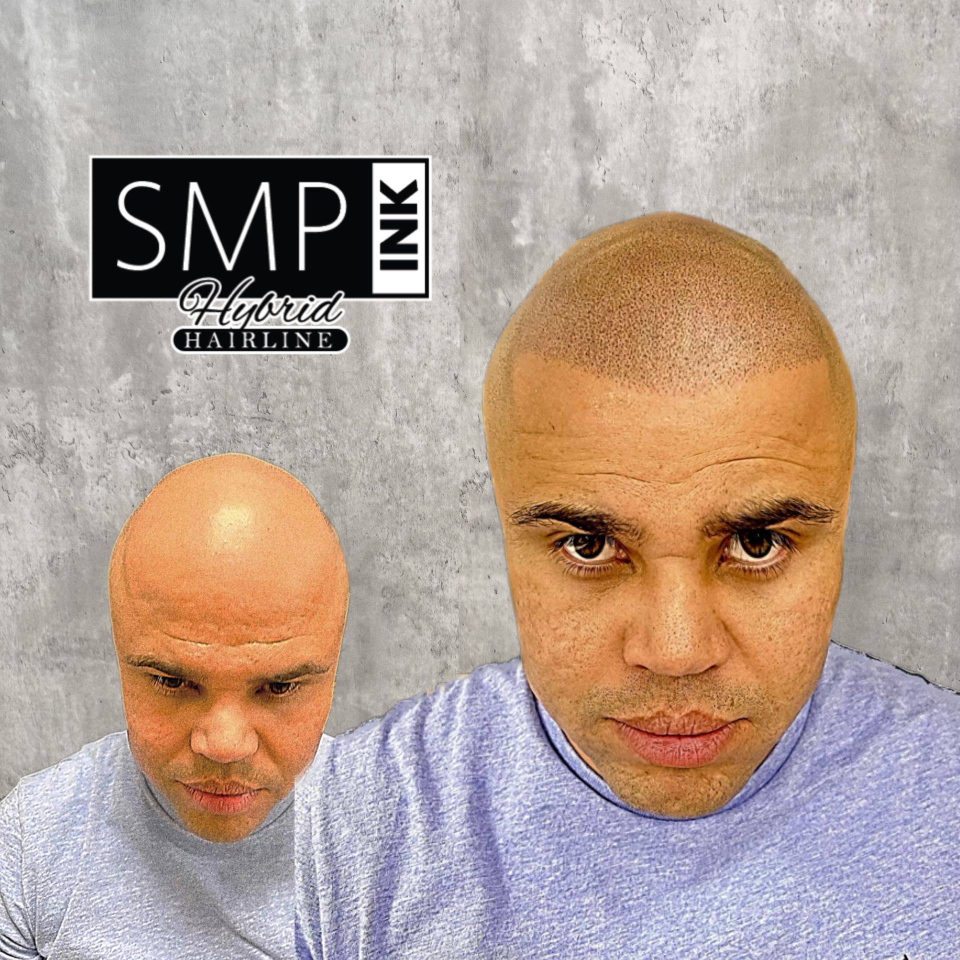 Two men with shaved heads pose against a concrete wall beside a “SMP Ink” logo.