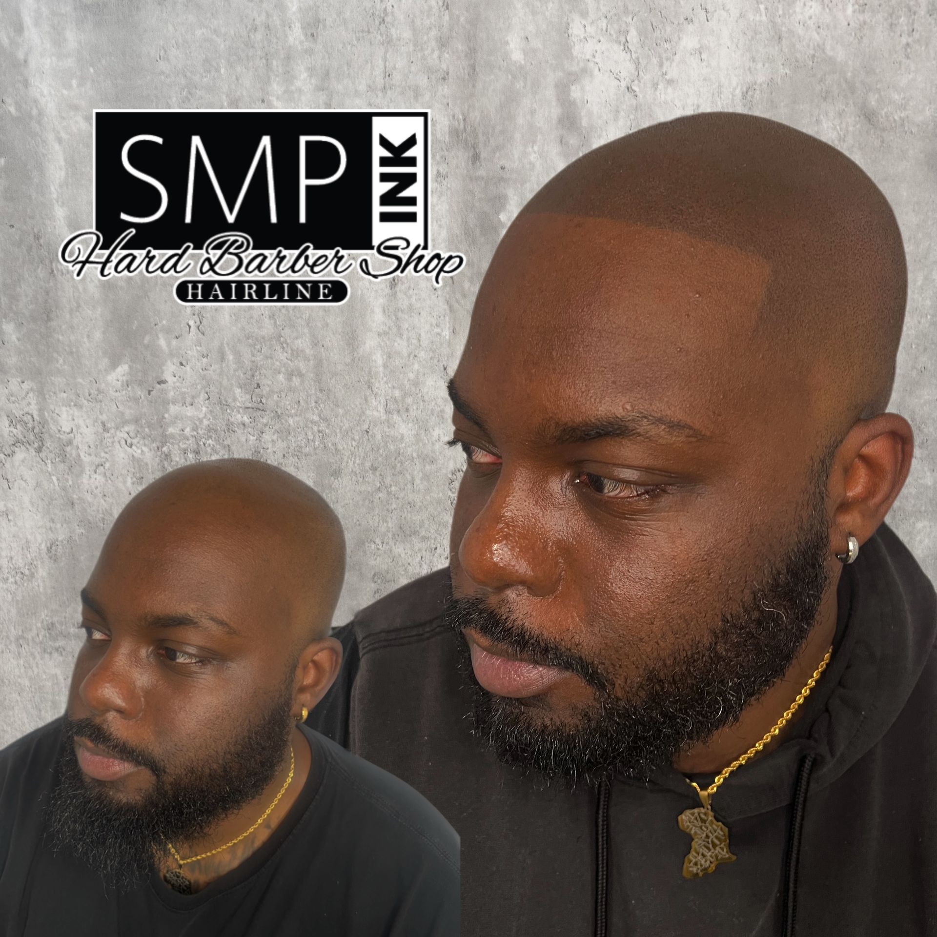 Promotional barber shop graphic with two close-up portraits of a man with a fresh haircut and beard trim