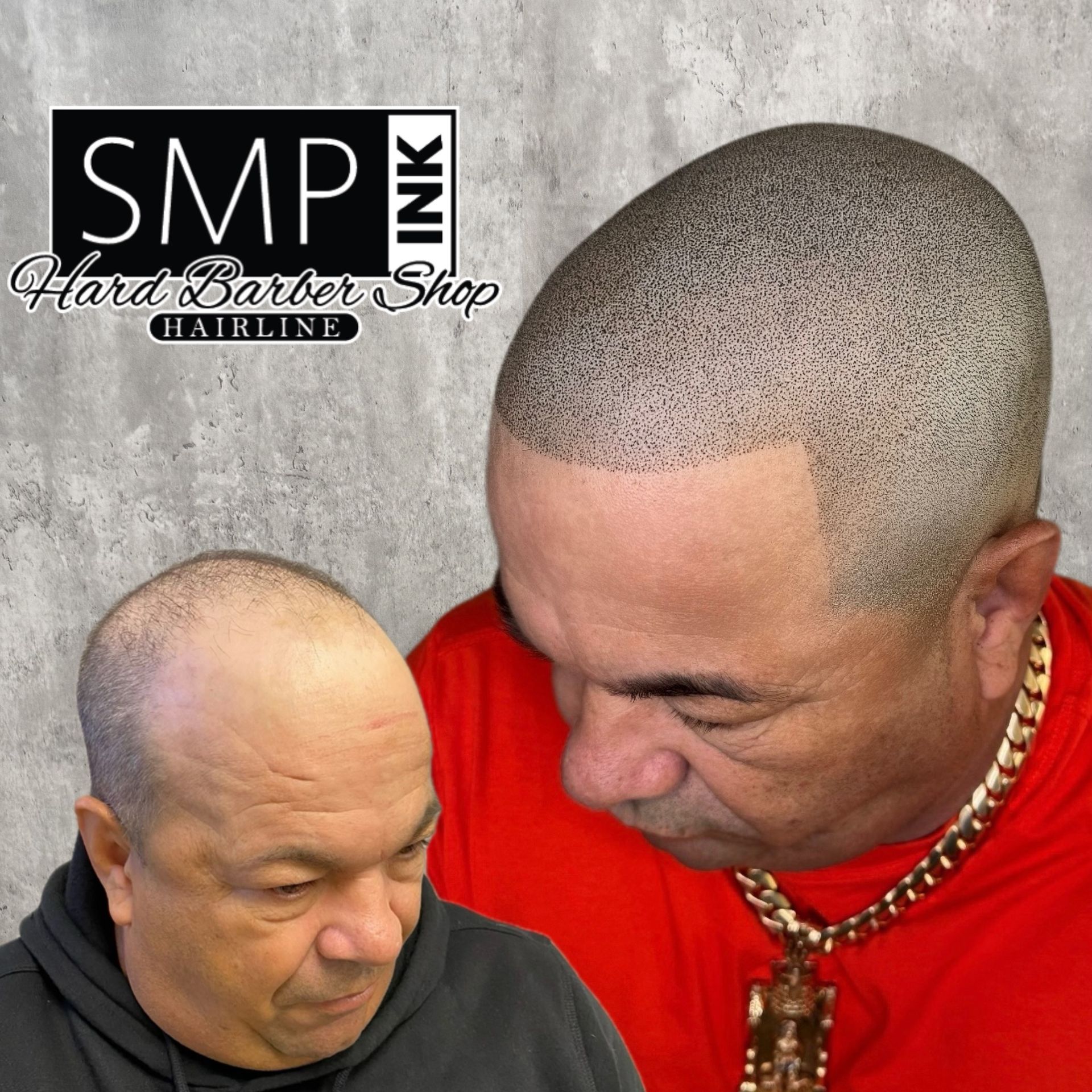 Two men in a barber shop with a close haircut showcase, logo in top left, one wearing red and gold chain