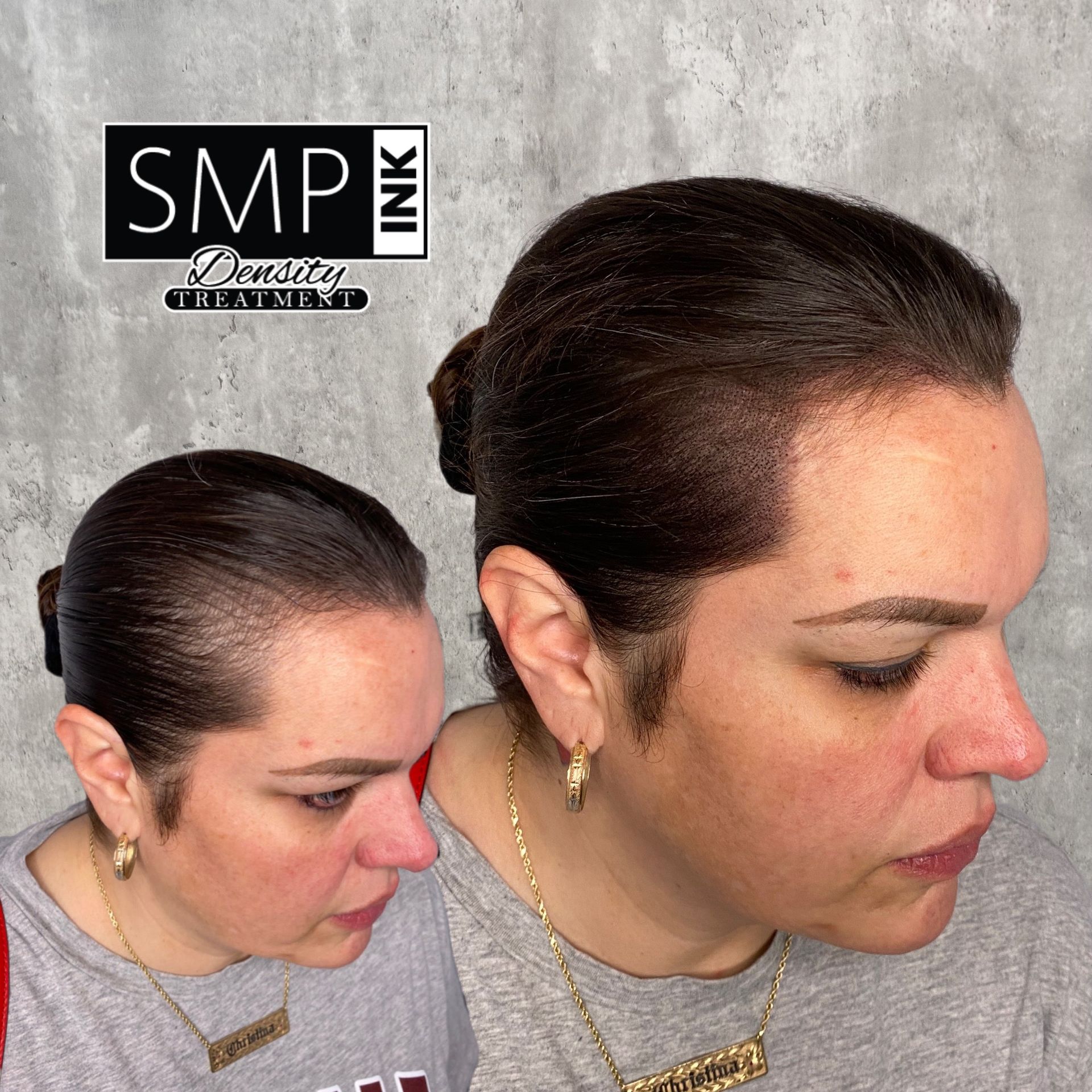 Side-by-side profile photos of a woman with a sleek dark bun, showing a makeup or hair transformation