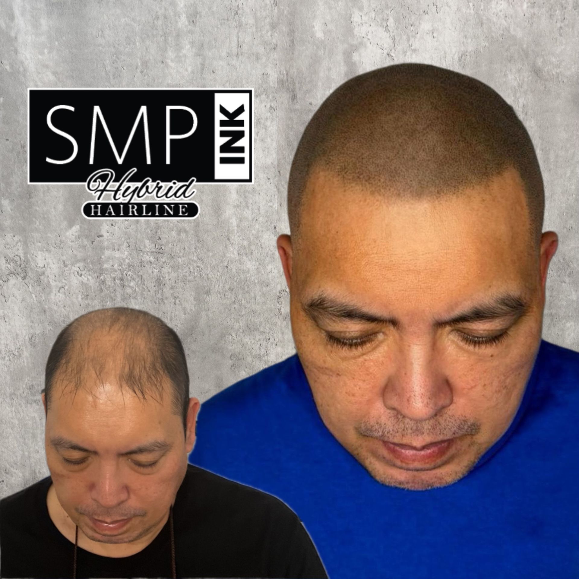 Promotional collage of a man with a close-cropped haircut wearing black and blue shirts, with 