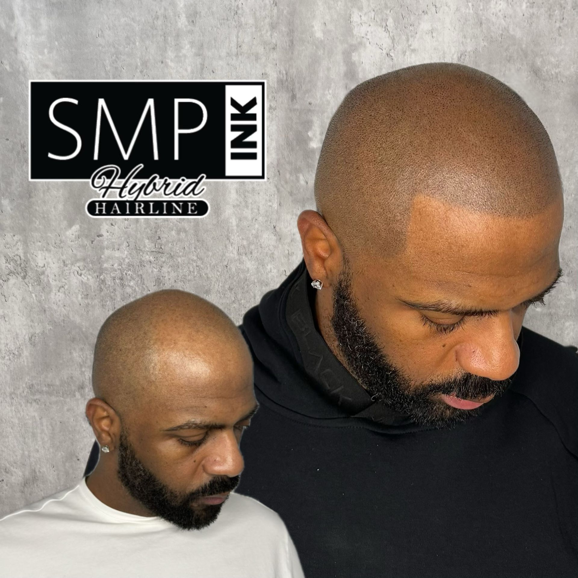 Two views of a bald man with a beard on a gray background, with a “SMP Ink” logo in the corner
