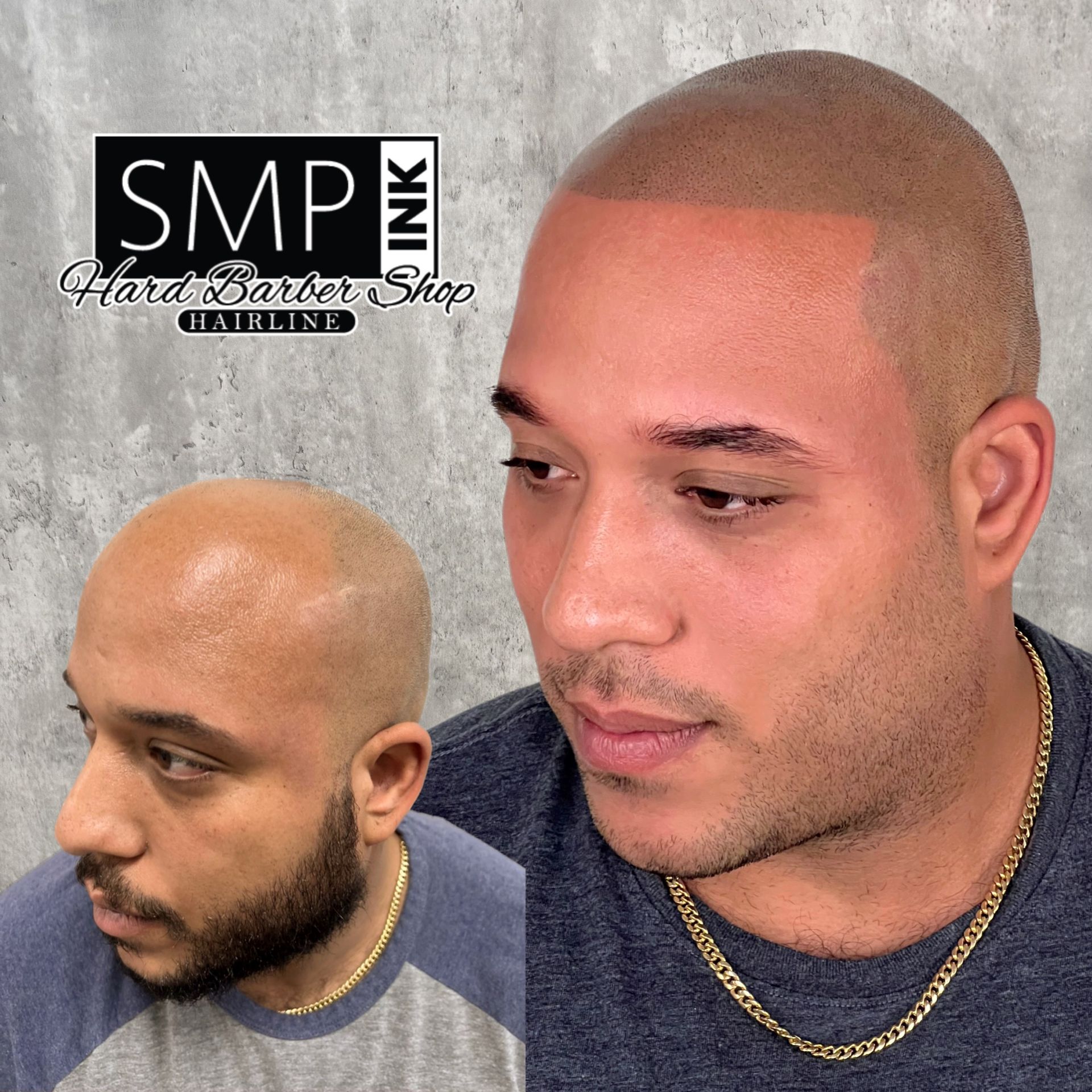 Before-and-after haircut photo with close-cropped haircut, side profiles, and SMP Hard Barber Shop logo.