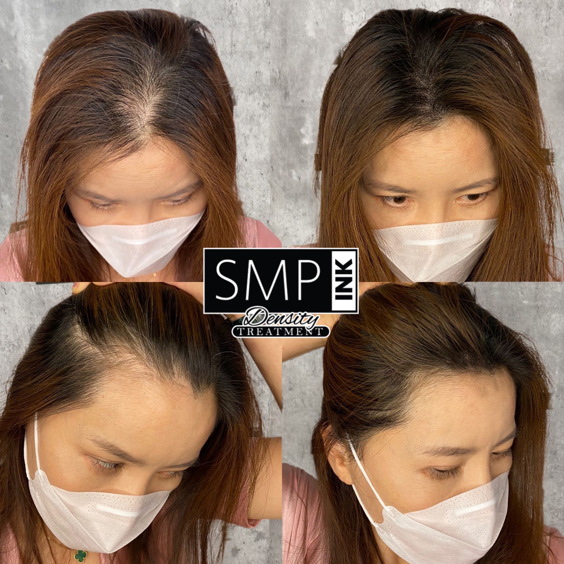 Hair transformation collage showing a woman with straight brown hair, wearing a white face mask, from multiple angles