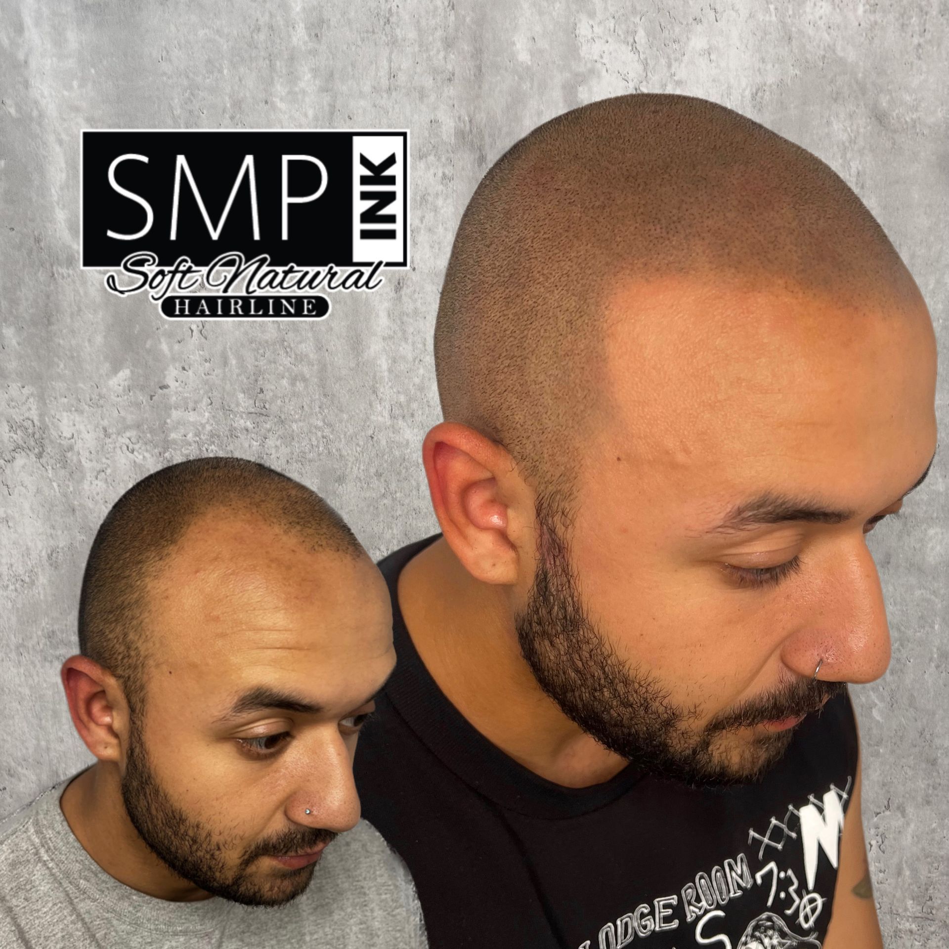 Two shaved-head men in profile on a gray background, with a “SMP” logo in the corner.