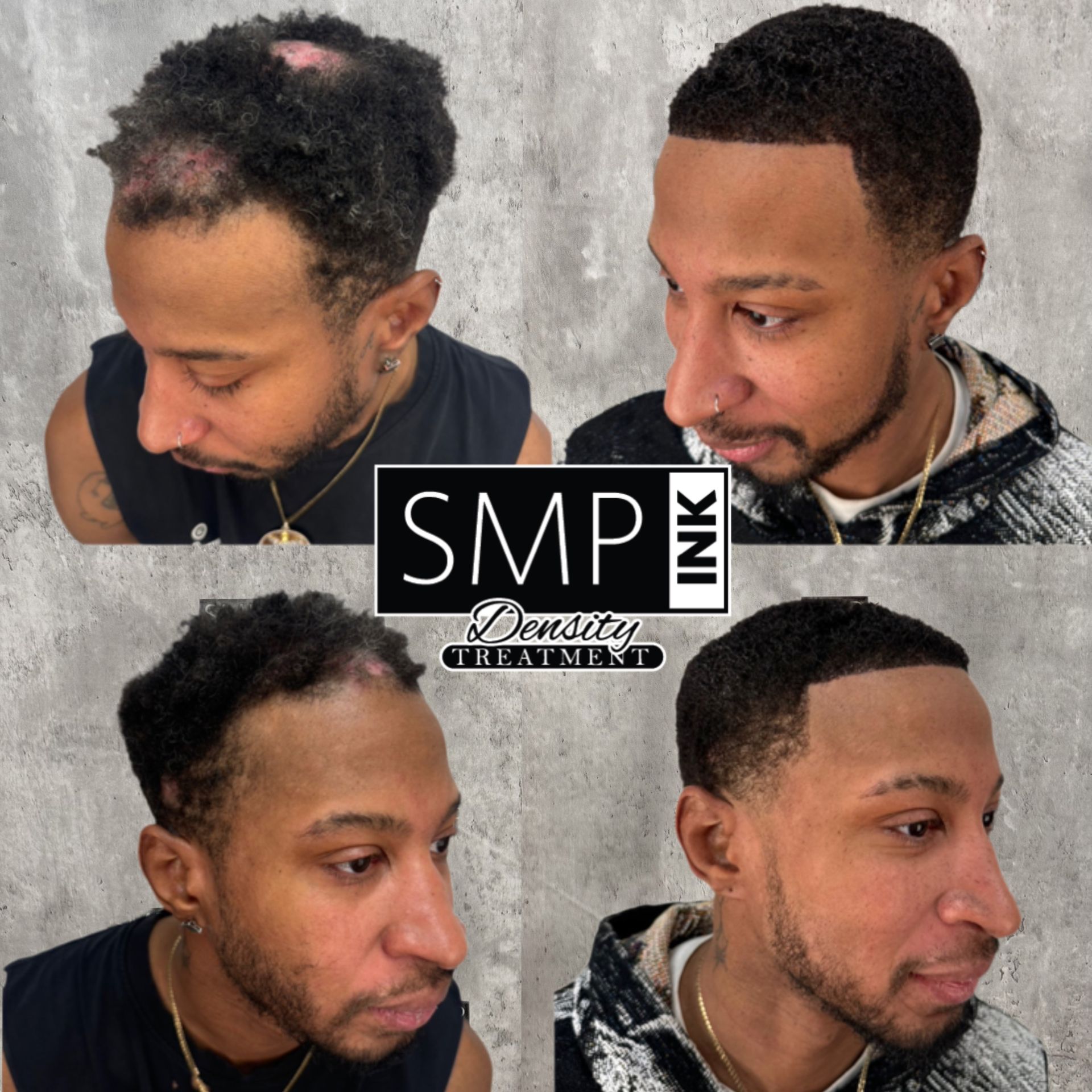 Collage of a man’s short haircut from four angles, showing a fresh fade and shaped beard line with SMK branding.