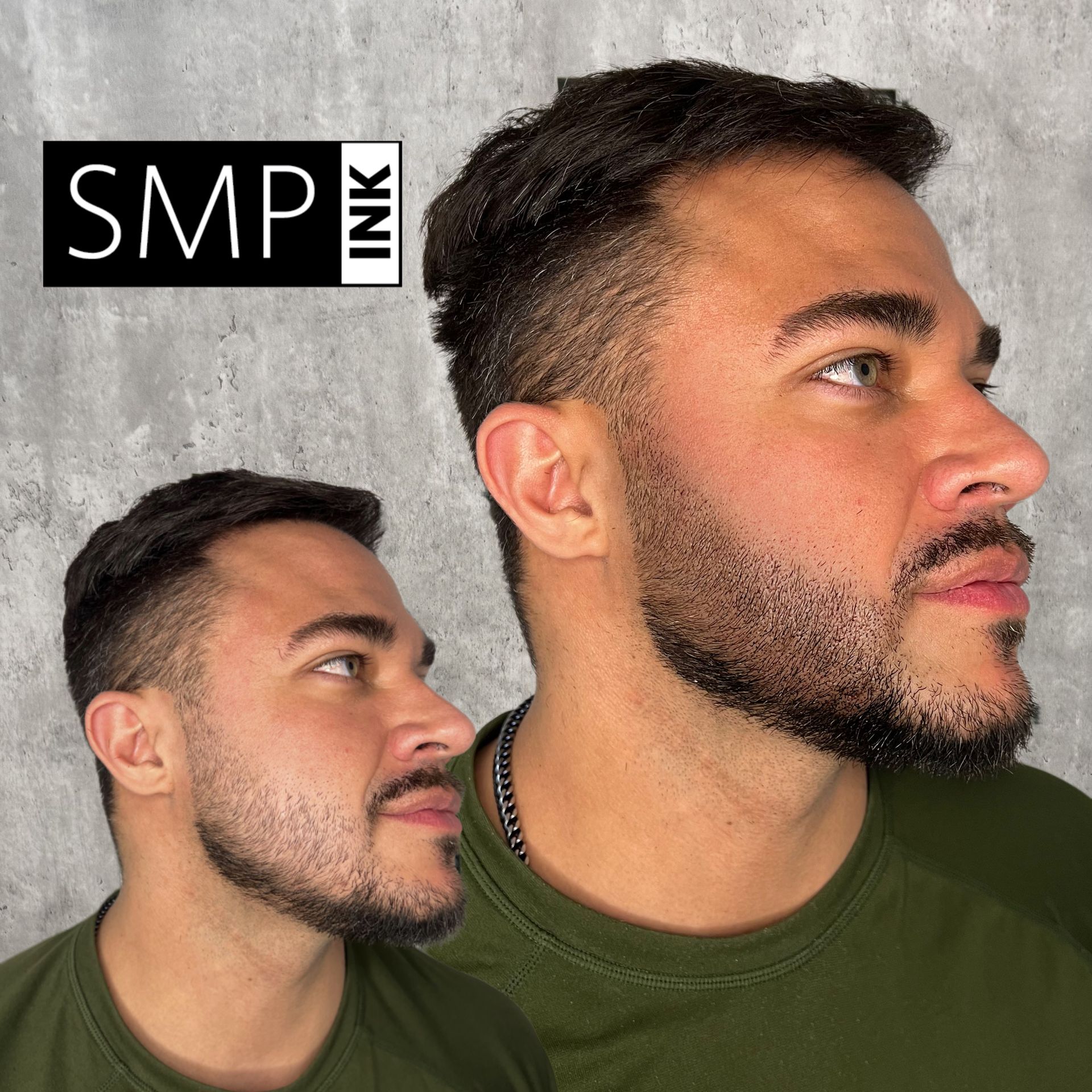 Side-by-side profile portraits of the same man with a short fade haircut and beard on a gray background, SMP Ink logo.
