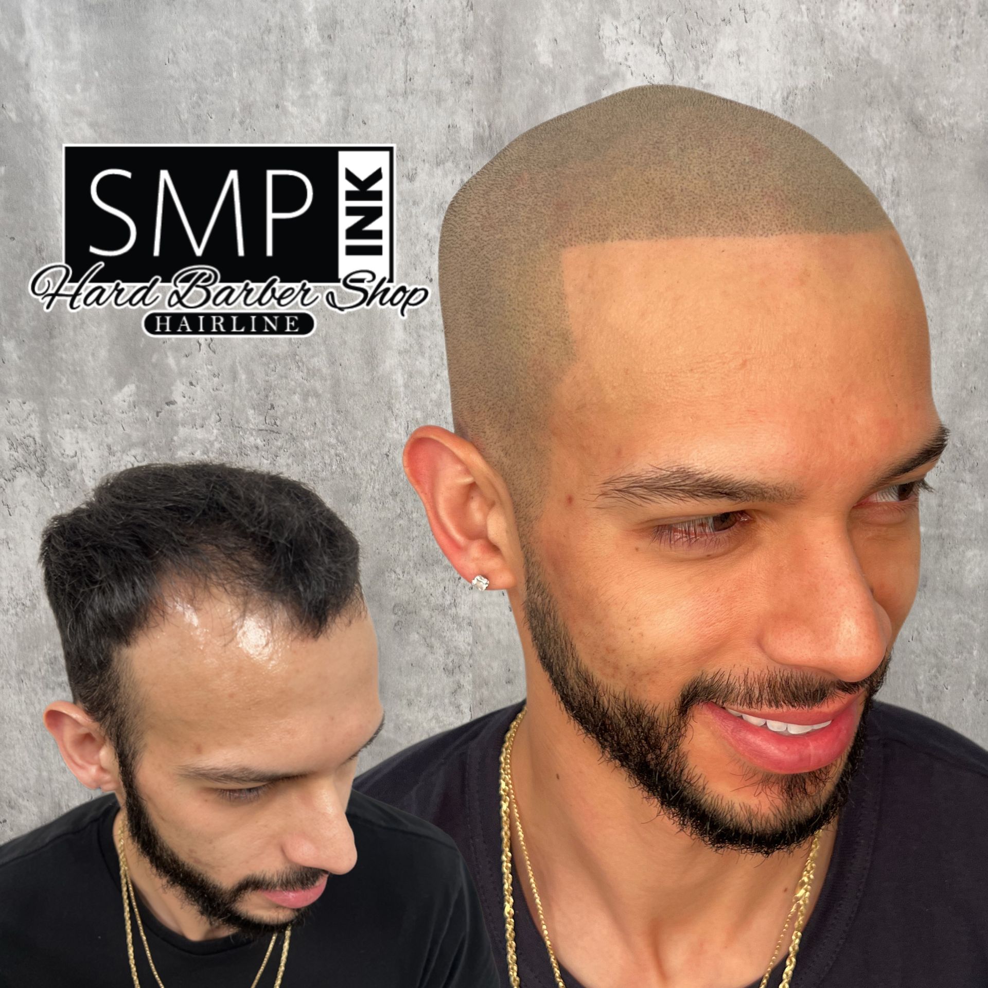 Before-and-after haircut at SMP Ink Hard Barber Shop, showing a shaved head transformation.