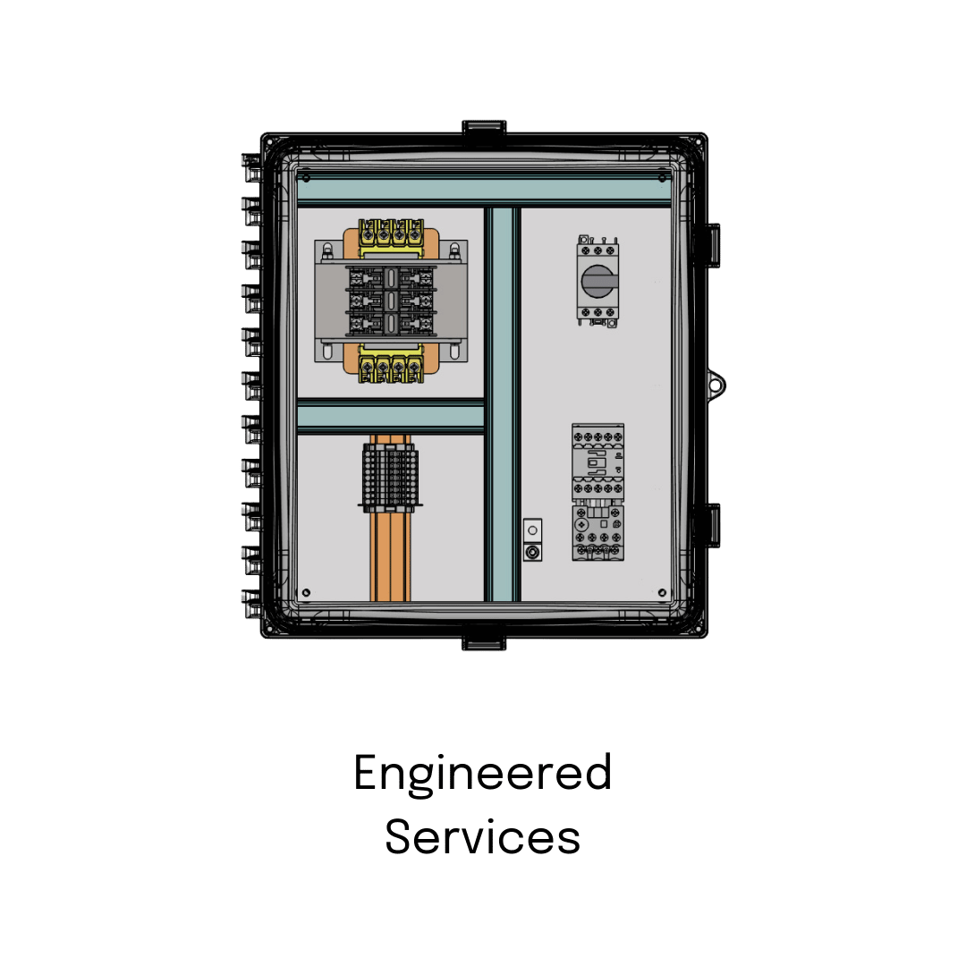 A drawing of an electrical box with the words engineered services below it.
