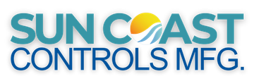 The sun coast controls mfg logo is blue and yellow.
