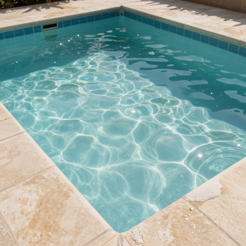 Blue swimming pool with rippling water and beige stone deck in bright sunlight