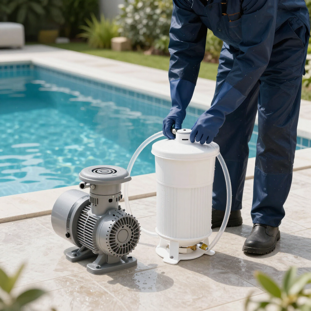 Technician servicing a pool pump beside a backyard swimming pool
