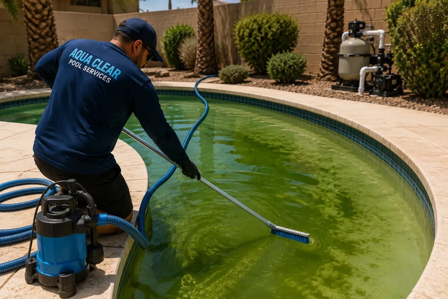 Technician scrubbing green pool water with a brush to show what causes green algae to grow.