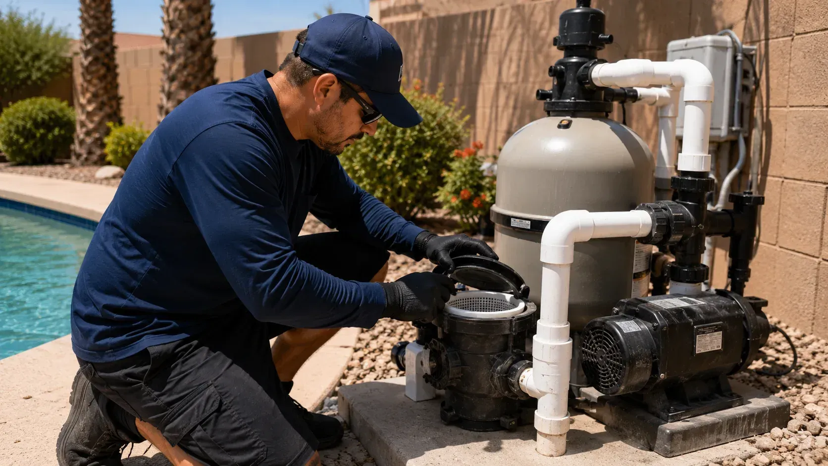 Checking a pool filter and pump to show how often should a pool pump be serviced in Yuma.