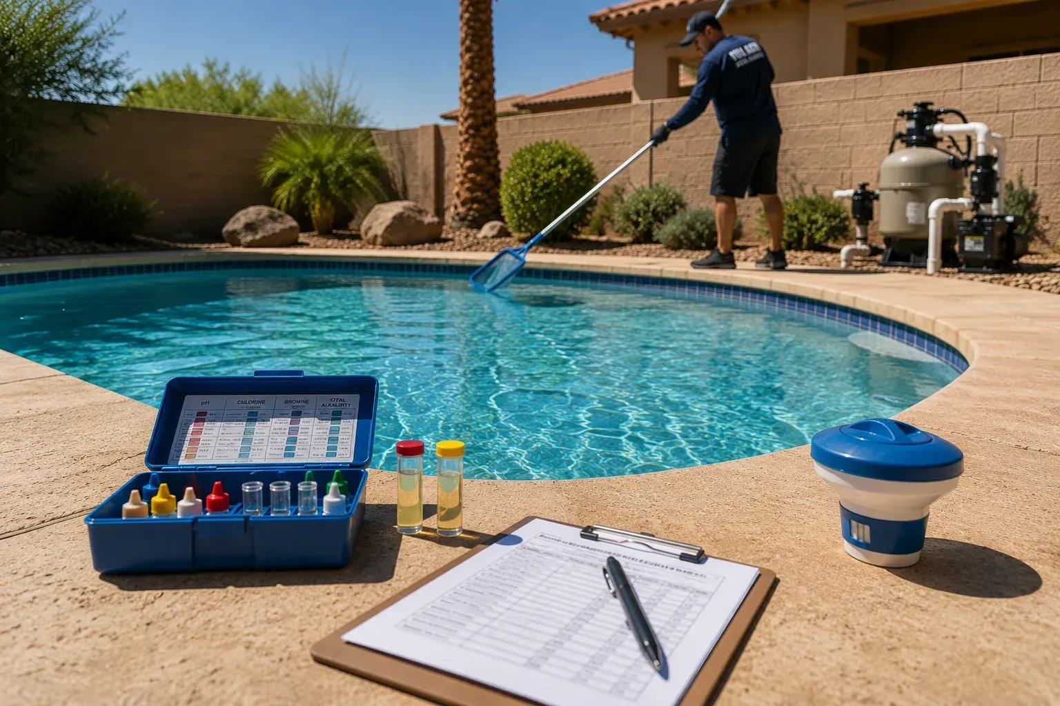 A pool technician skimming a clean pool, showing how often should pools be cleaned during summer.