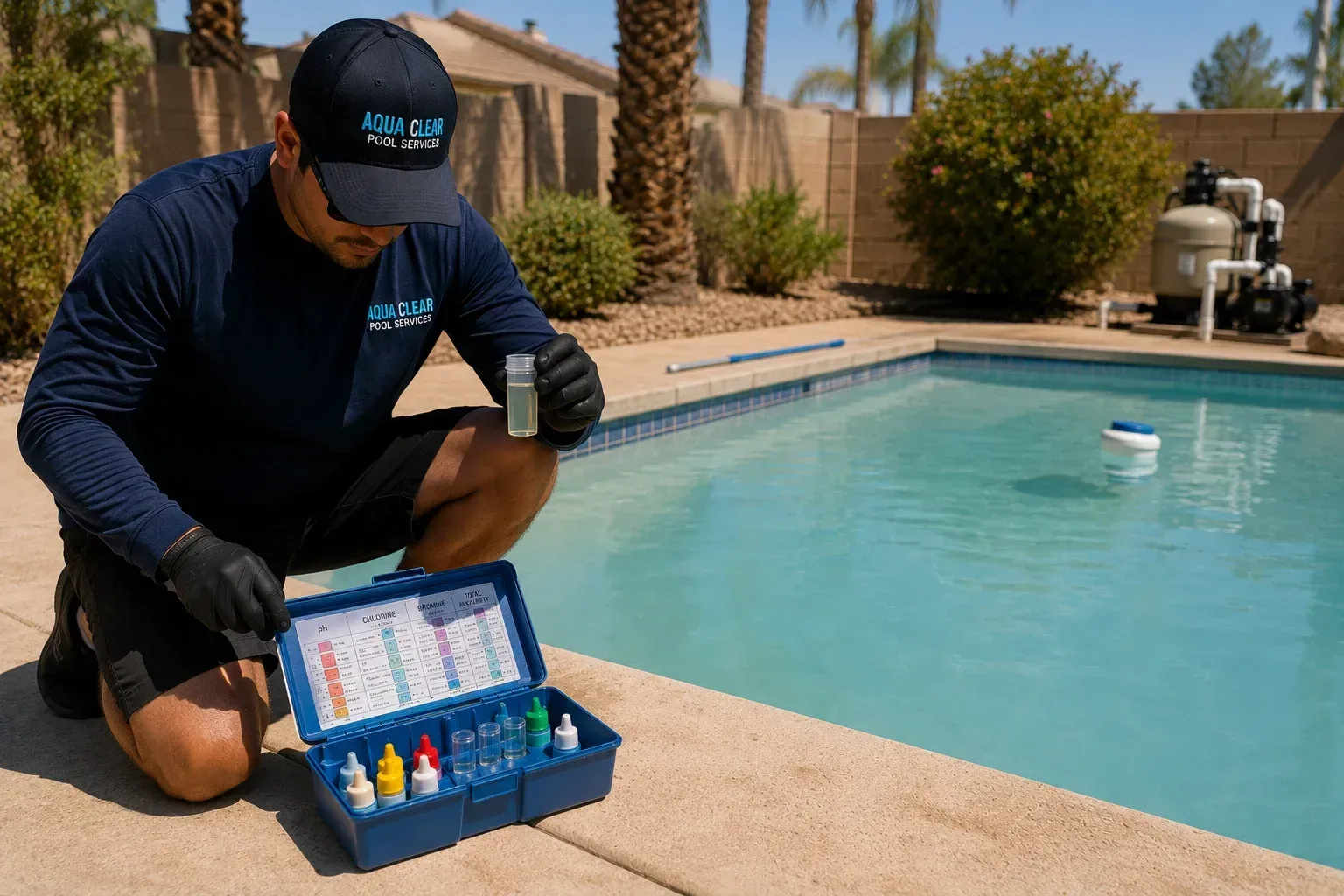 A technician skimming water, showing why does pool water turn cloudy so fast.