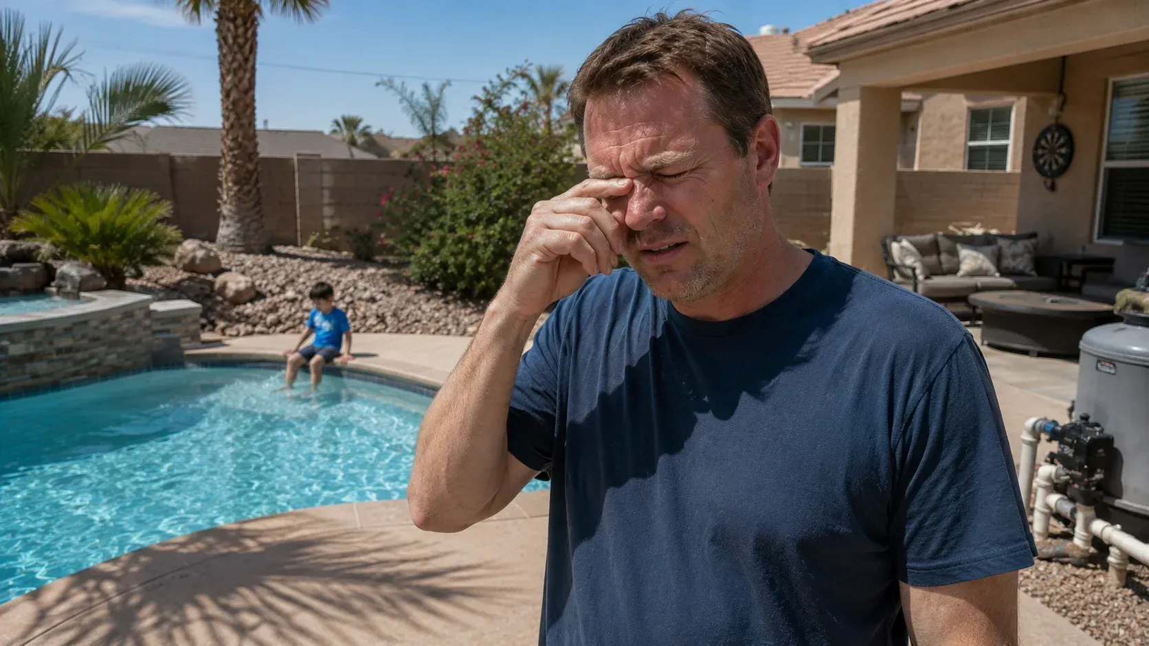 Man rubbing irritated eyes by a pool, showing why eyes burn even when chlorine is balanced.