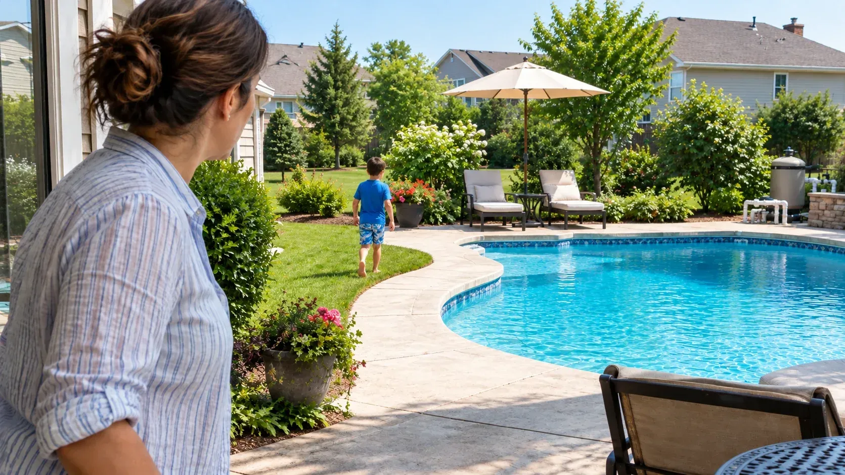 Homeowner checking on a neighbor's child near an unfenced pool to discuss liability.