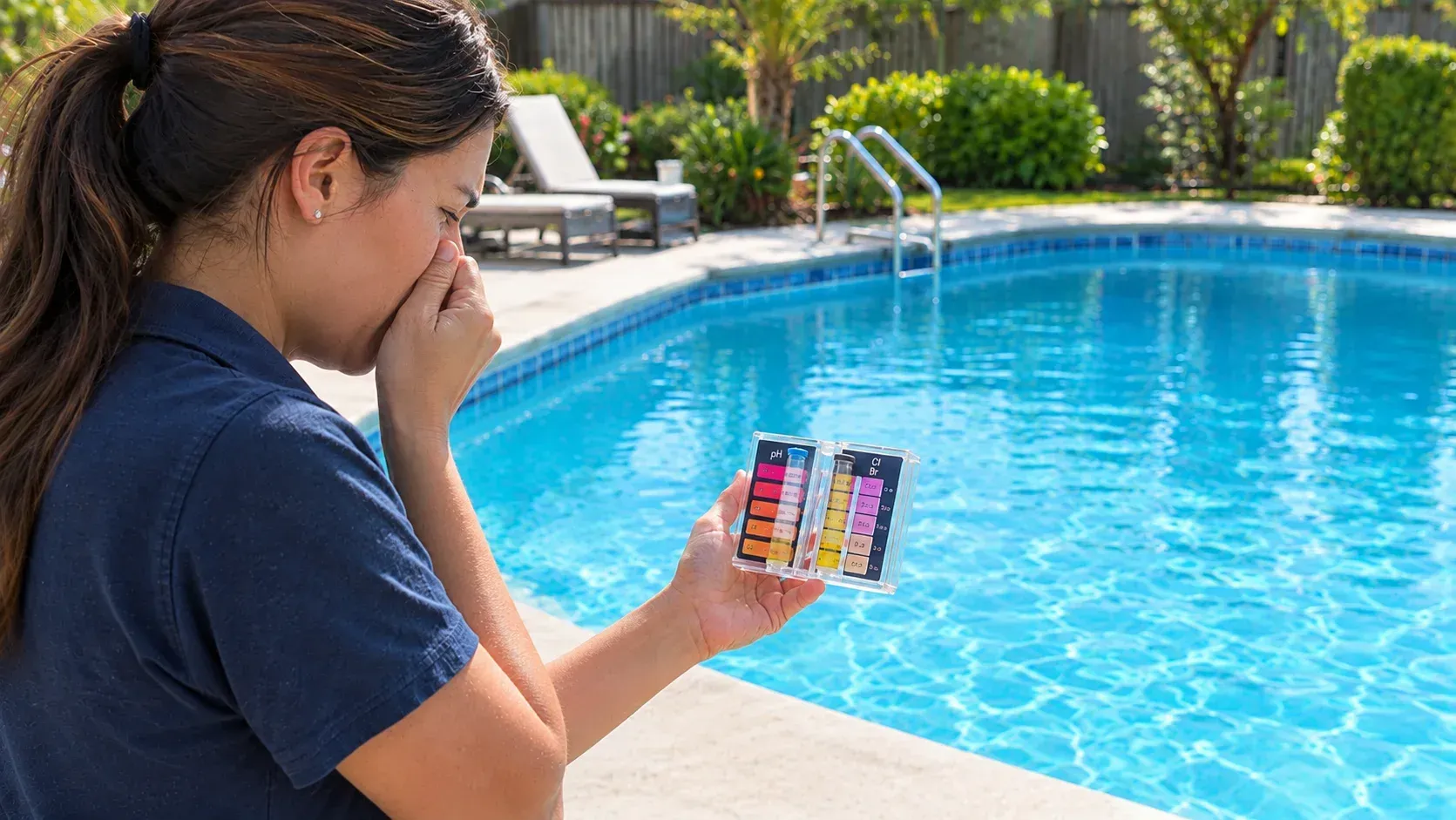 Woman holding pool test kit: Is It True That a Strong Chlorine Smell Mean Too Much?